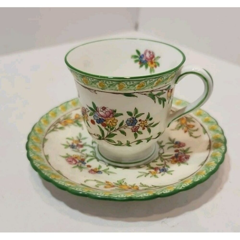 Vintage Mintons Bone China Green Floral Demitasse Teacup And Saucer